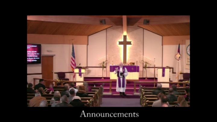 A pastor standing center frame with the text Announcements written below 