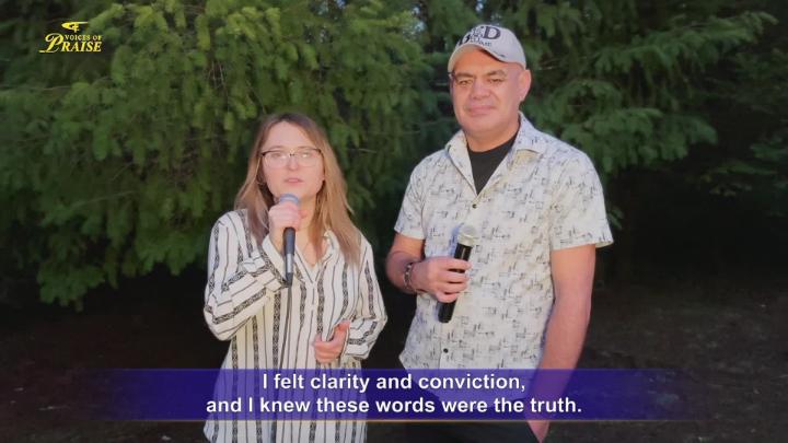 A woman, left, and a man, hold microphones with the text I felt clarity and conviction and I know these words were the truth. 