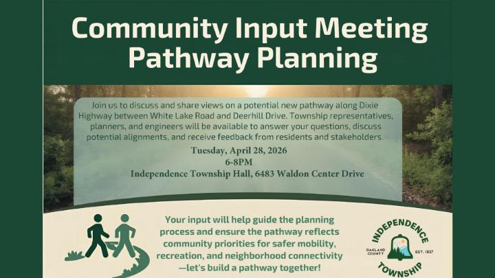 Community Impact Meeting Pathway Planning is the title center top of the frame. Additional text describing the purpose of the meaning with the date of April 28, 2026 at Independence Township Hall is center.