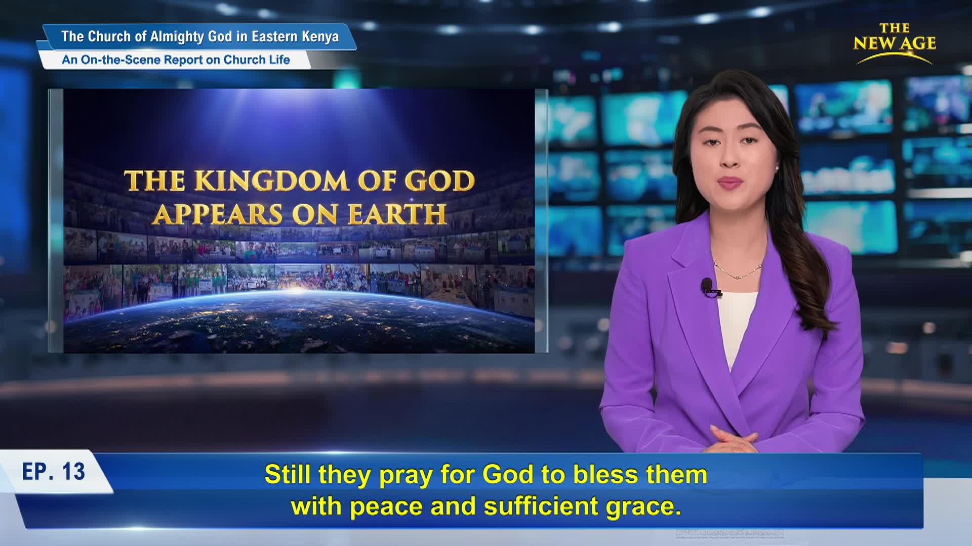 A woman sitting at a virtual news desk with the text The Kingdom of God Appears on Earth to the right of her. 
