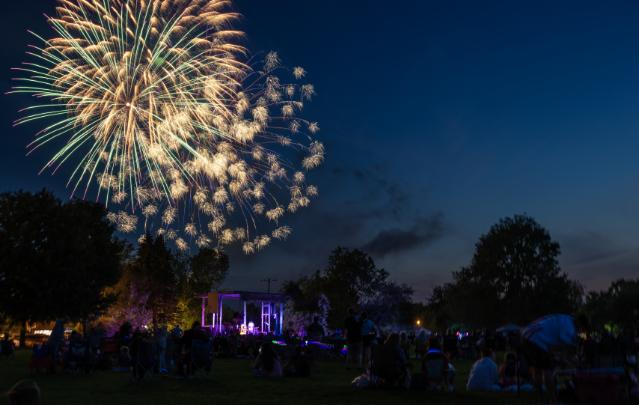 A firework show is seen with grounds gathered in the foreground. 