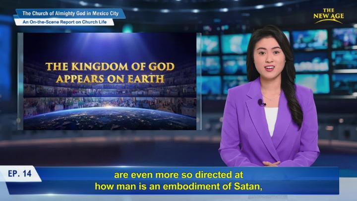A woman sitting at a virtual news desk with a graphic displaying the text The Kingdom of God Appears  on Earth