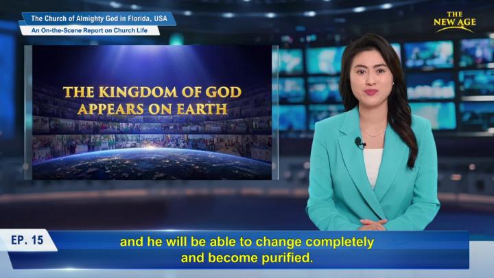 A woman sitting at a virtual news desk with a graphic displaying the text The Kingdom of God Appears  on Earth
