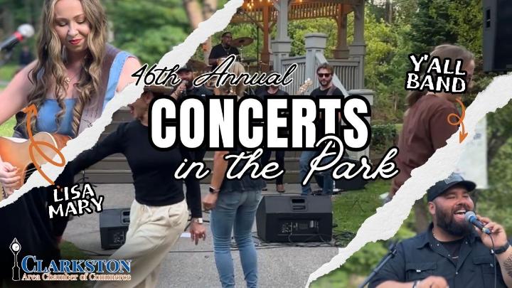 Three images of Lisa Mary, left, and the Y'All Band with the text 46th Annual Concerts in the Park written center frame. 